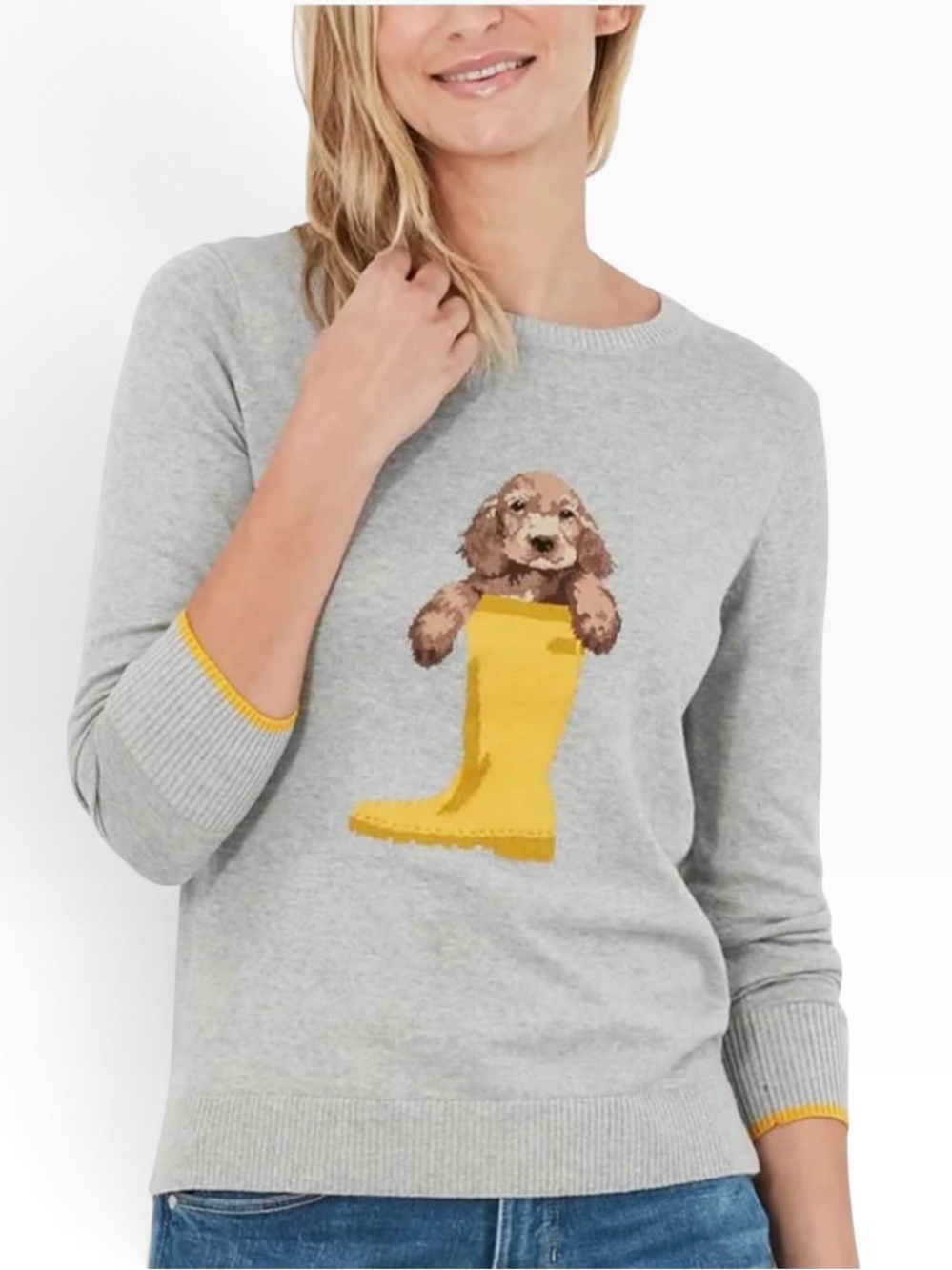 Joules Welly Pup Miranda Crew Neck Intarsia Sweater Light Grey Yellow Size 14